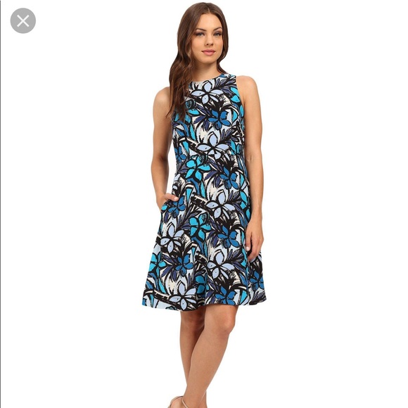 Donna Morgan Blue Floral Faille Fit Flare Dress 0 - Picture 2 of 8
